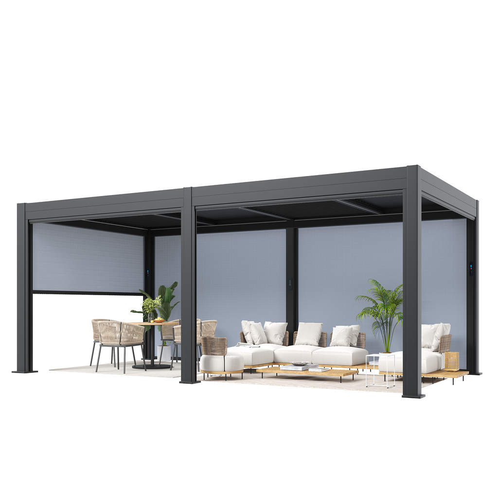 EROMMY 10' x 20' Outdoor Pergola with LED Lights, Aluminum Gazebo with Motorized Louvers & Side Screens for Patio, Backyard & Poolside, Black