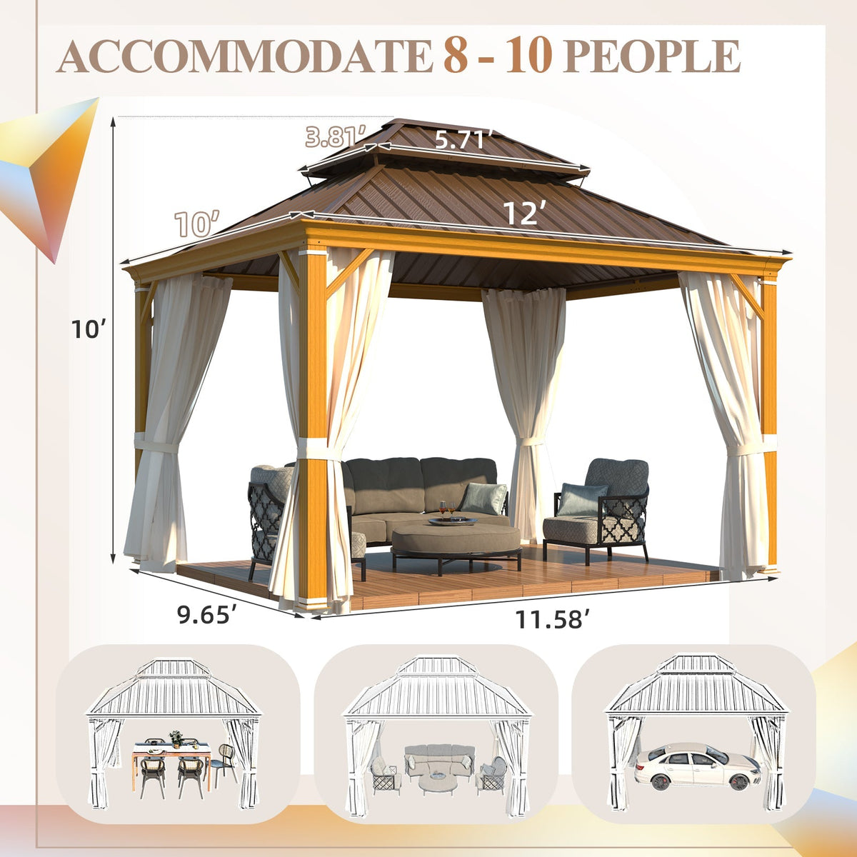 EROMMY 10x12 Aluminum Frame and Steel Top Gazebo with Gutter