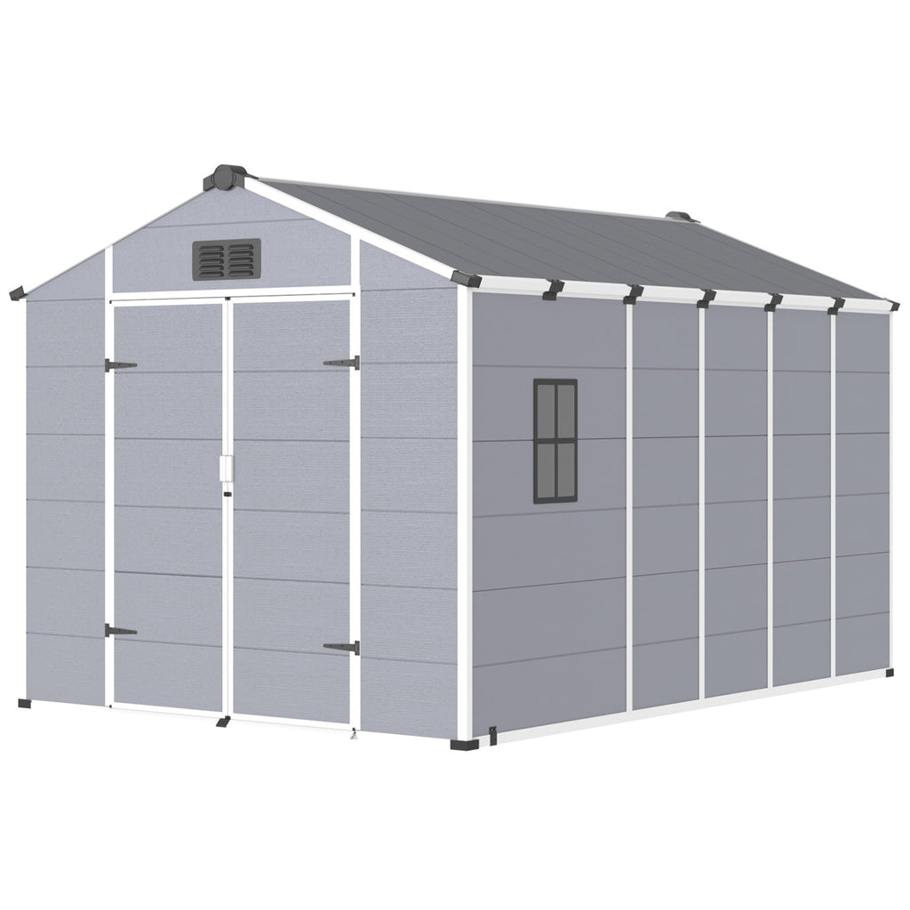 8x12 FT Outdoor Storage Shed, Weather-Resistant Shed with Lockable Double Doors & Built-In Floor, Sloped Roof Outdoor Shed for Backyard, Patio & Lawn, Gray