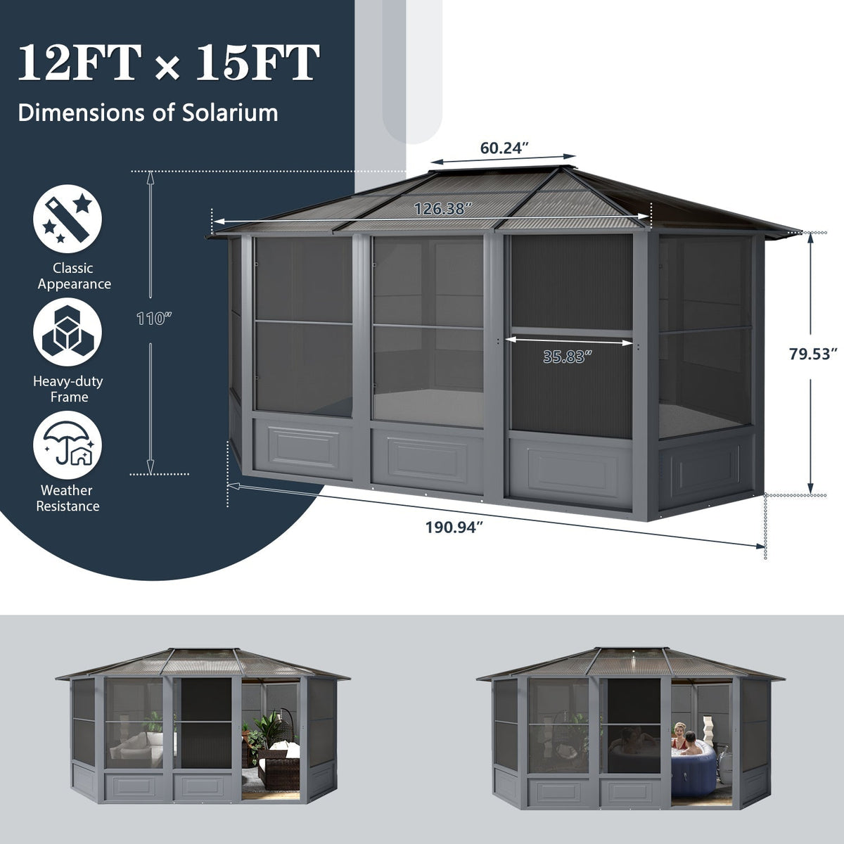 EROMMY 12X15 Solarium Room for 4 Season with Sliding Door – Grey