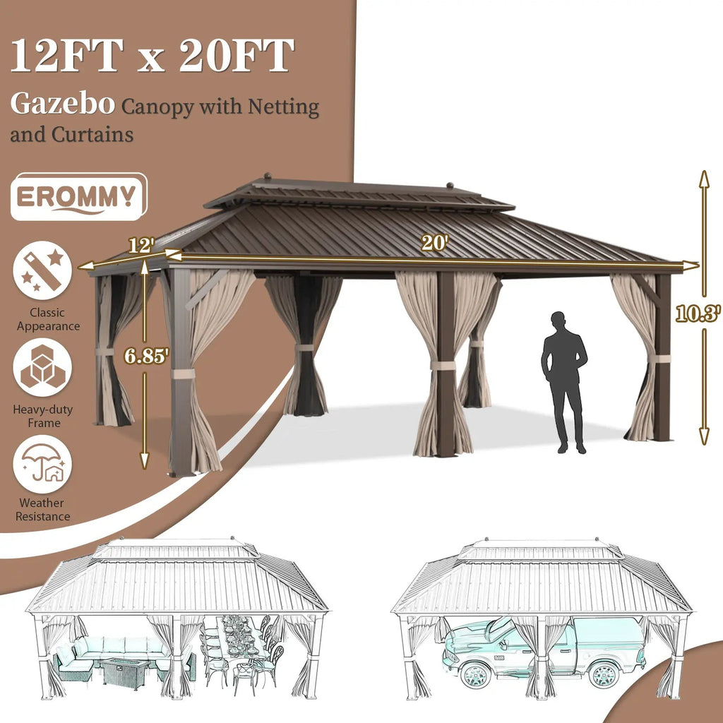 EROMMY 12X20 Hardtop Gazebo with Netting for Deck and Patio