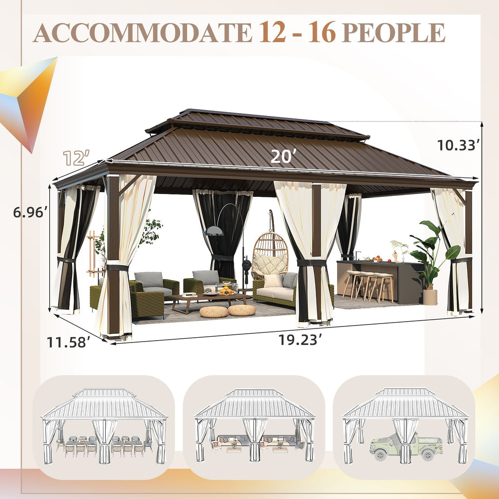 EROMMY 12x20 Patio Gazebo for Backyard Grey Hardtop Gazebo with Galvanized Steel Roof