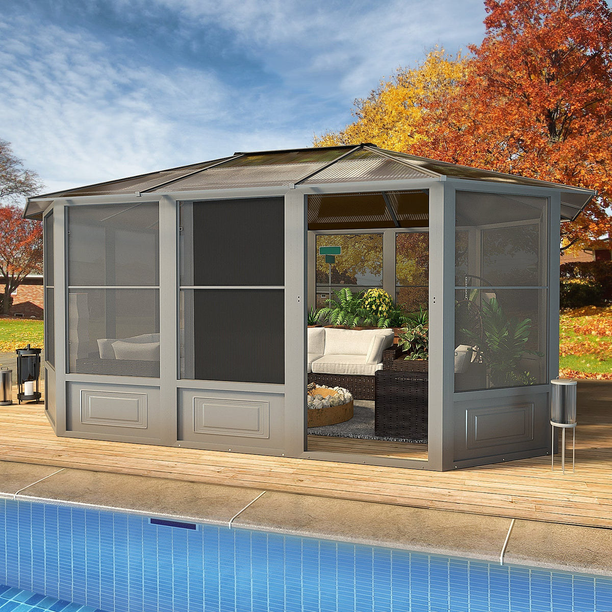 EROMMY 12X15 Solarium Room for 4 Season with Sliding Door – Grey