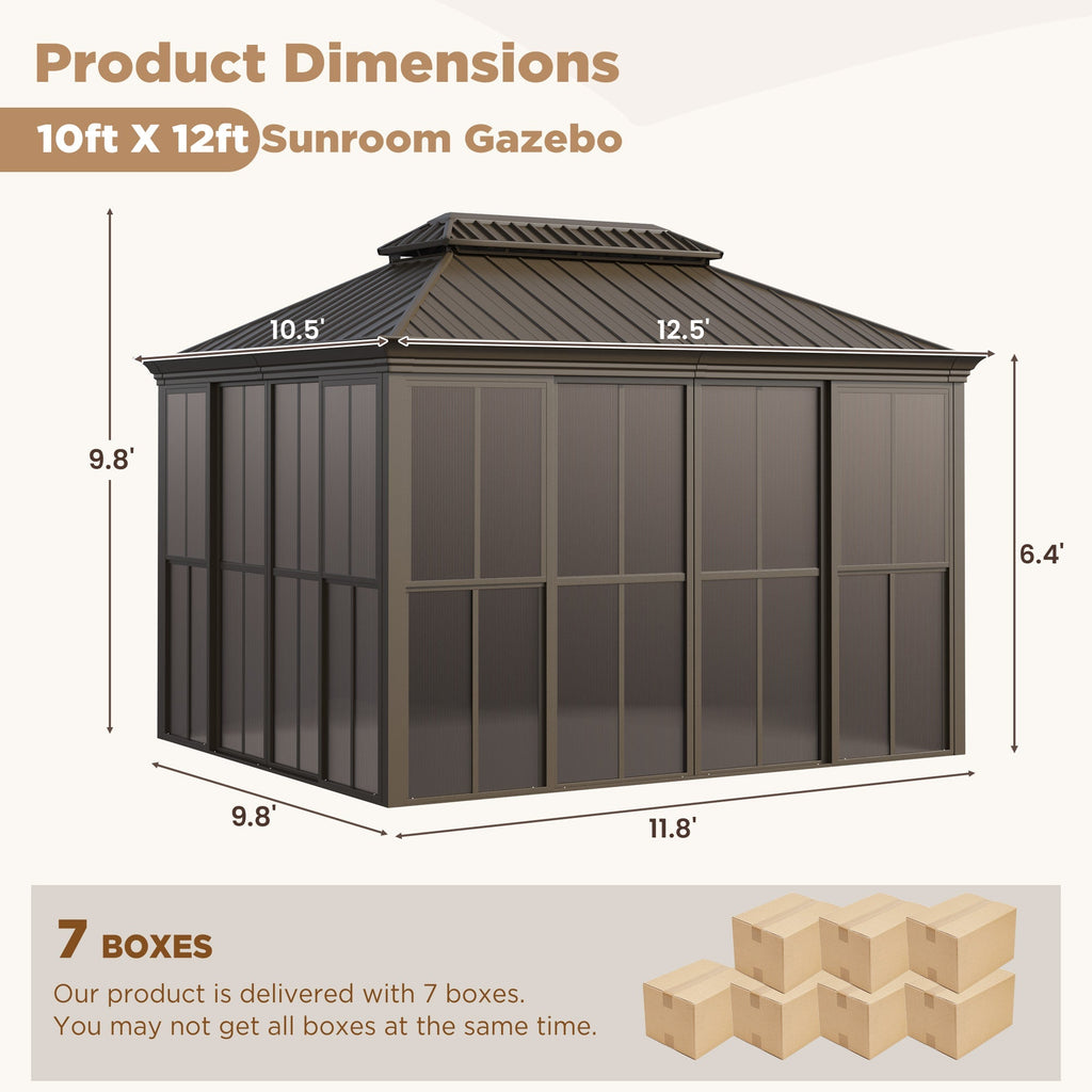 EROMMY 10X12 Florida Sunroom for Backyard Greenhouse with Sliding Door – Brown