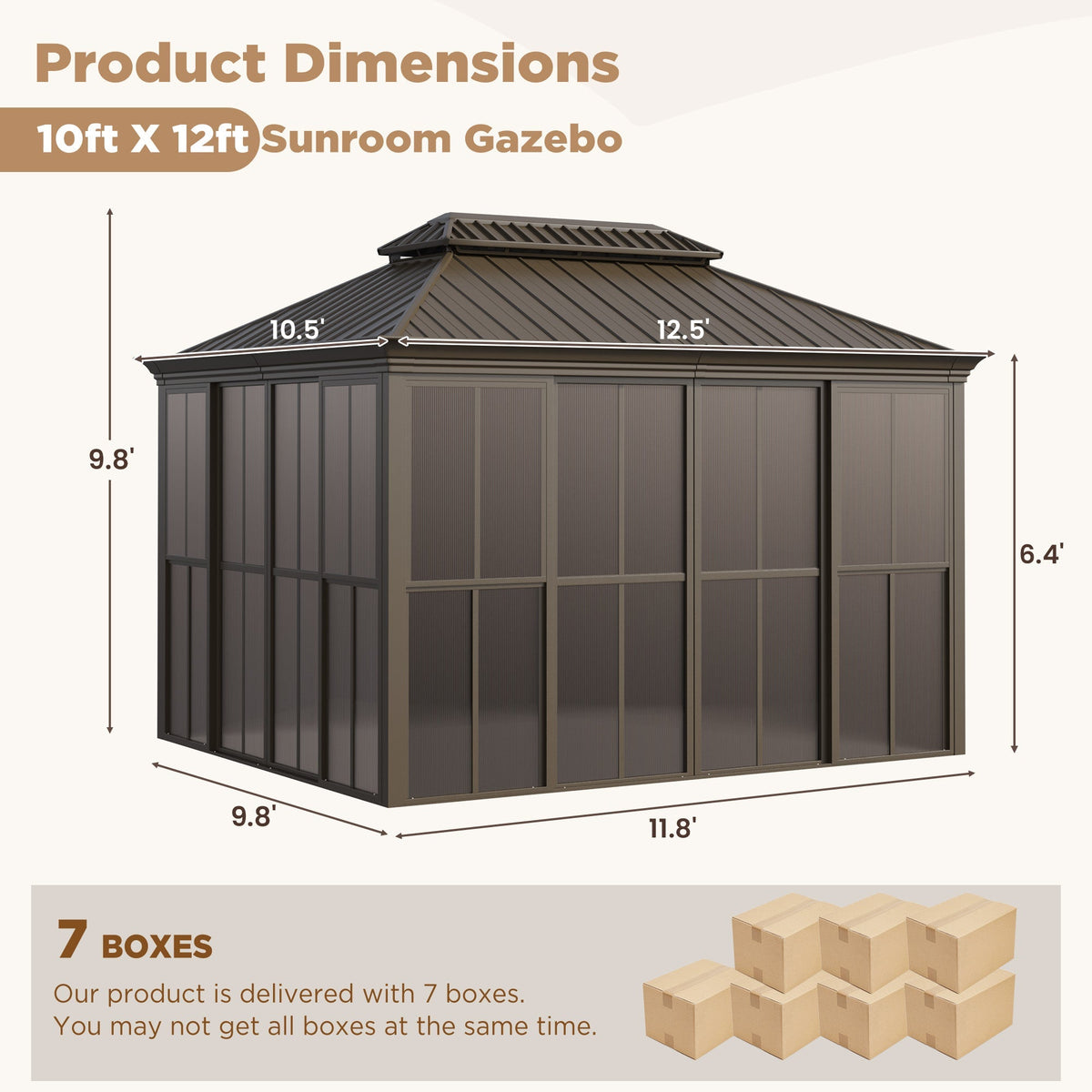 EROMMY 10X12 Florida Sunroom for Backyard Greenhouse with Sliding Door – Brown