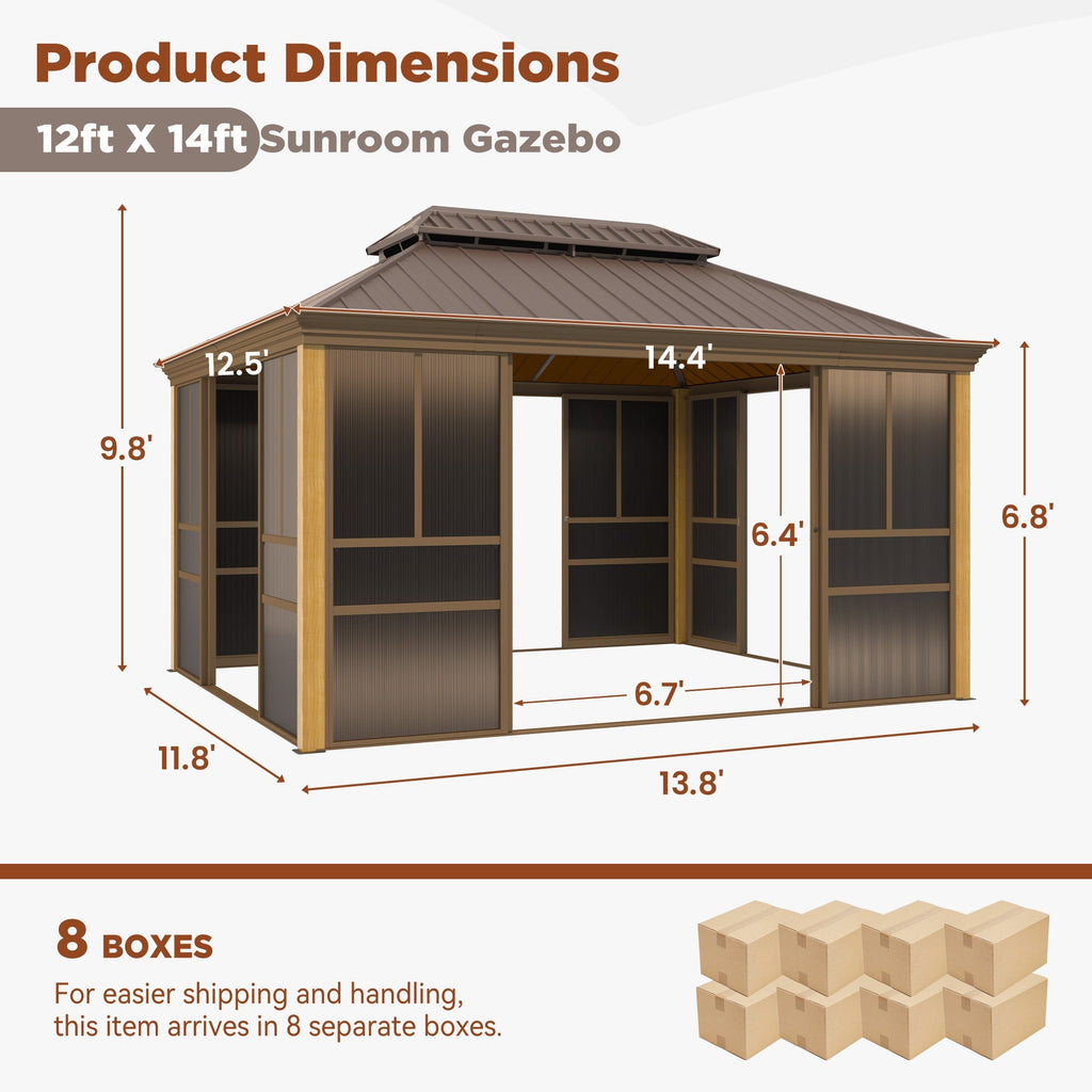 EROMMY 12'*14' Sunroom, with Front Door, Side Entrance, Galvanized Steel Double Top, Wood Grain Appearance, Aluminum Alloy Frame, Solarium Backyard Sun Room