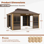 EROMMY 12'*14' Sunroom, with Front Door, Side Entrance, Galvanized Steel Double Top, Wood Grain Appearance, Aluminum Alloy Frame, Solarium Backyard Sun Room
