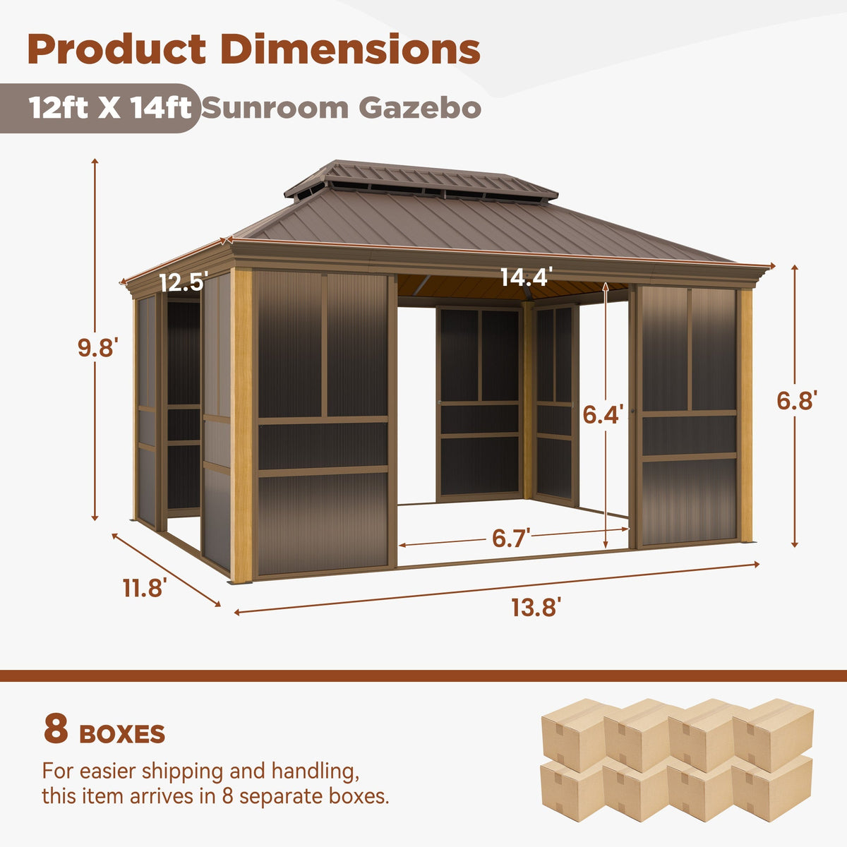 EROMMY 12'*14' Sunroom, with Front Door, Side Entrance, Galvanized Steel Double Top, Wood Grain Appearance, Aluminum Alloy Frame, Solarium Backyard Sun Room