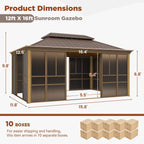 EROMMY 12'*16' Sunroom, with Front Door, Side Entrance, Galvanized Steel Double Top, Wood Grain Appearance, Aluminum Alloy Frame, Solarium Backyard Sun Room