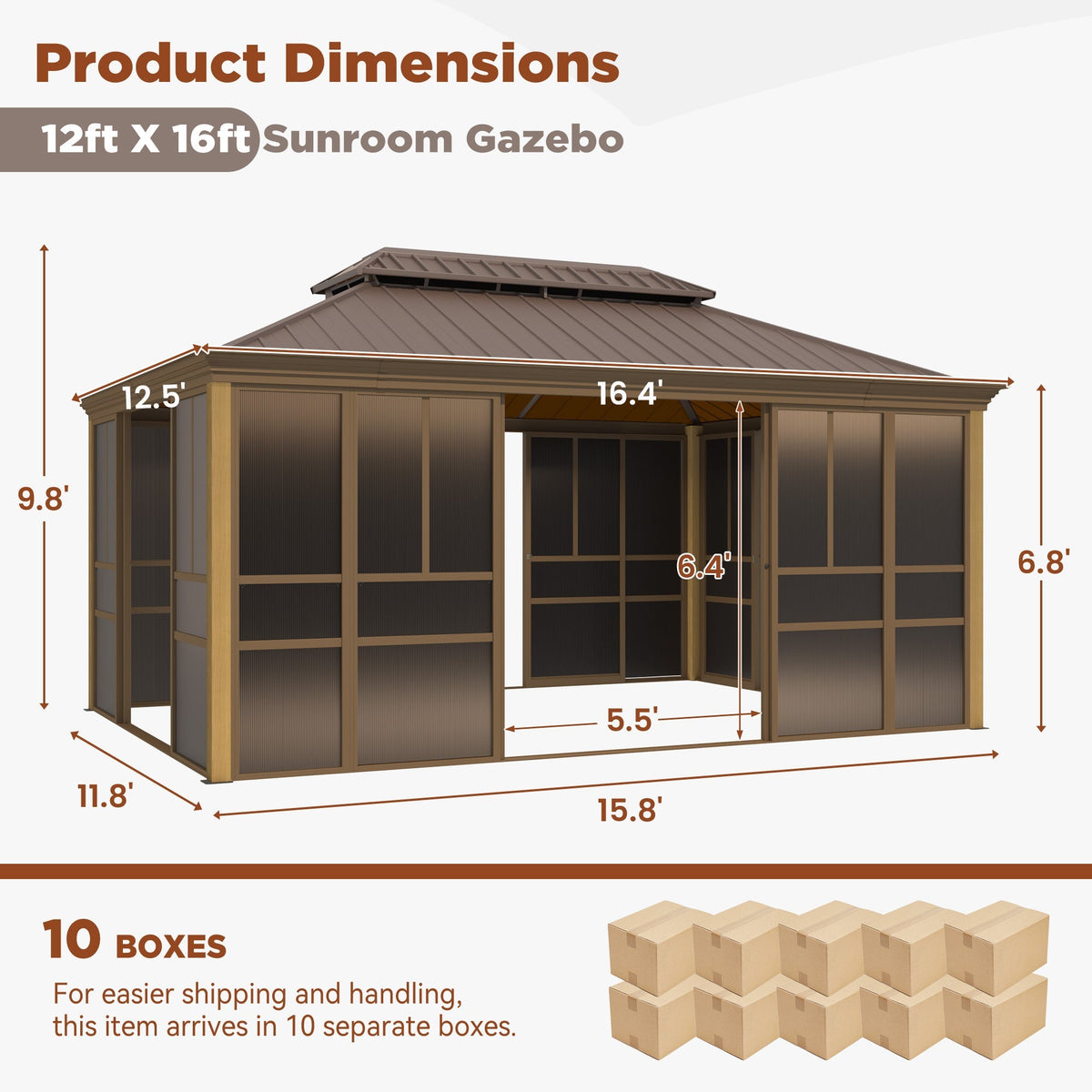 EROMMY 12'*16' Sunroom, with Front Door, Side Entrance, Galvanized Steel Double Top, Wood Grain Appearance, Aluminum Alloy Frame, Solarium Backyard Sun Room