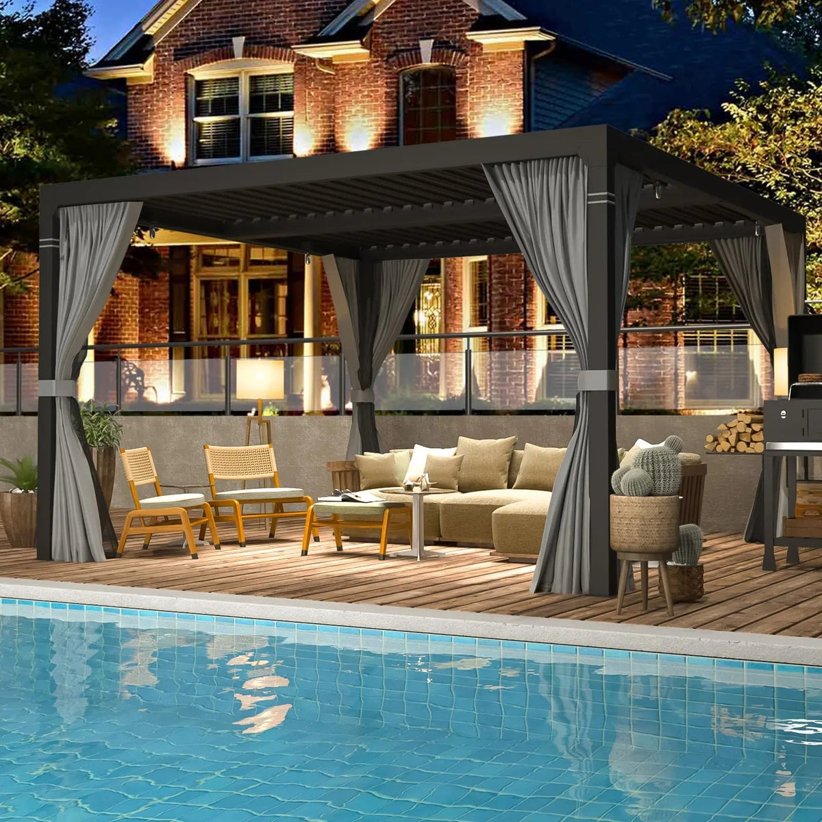 EROMMY 10x10 Louvered Pergola with Waterproof Rain Cover – Dark Grey