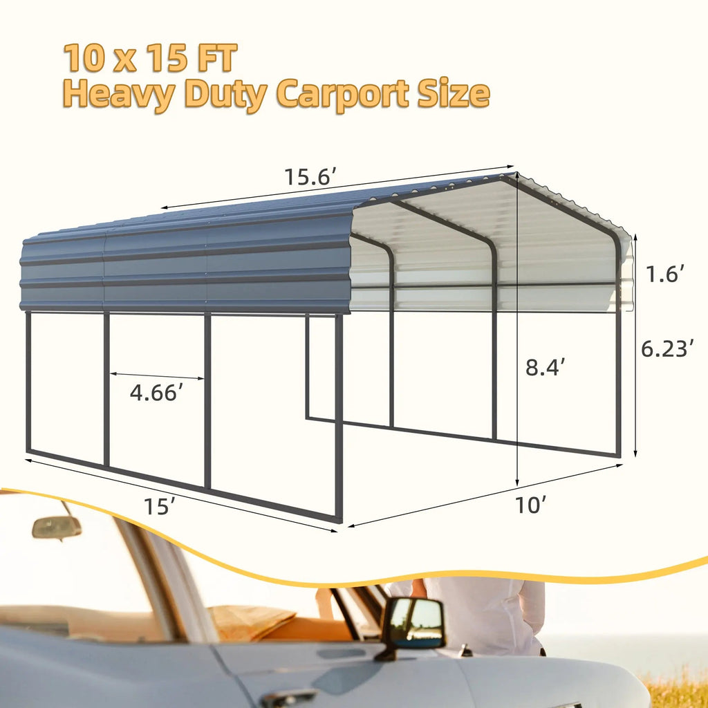EROMMY 10’ x 15’ Metal Carport with Galvanized Roof – Sturdy Shelter for Cars, Boats, Trucks, and Tractors