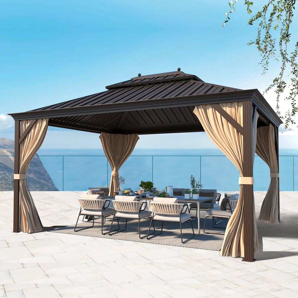EROMMY 10' x 12' Deluxe Hardtop Gazebo with Galvanized Steel Roof and Mosquito Net, Permanent Pavilion Gazebo with Aluminum Frame