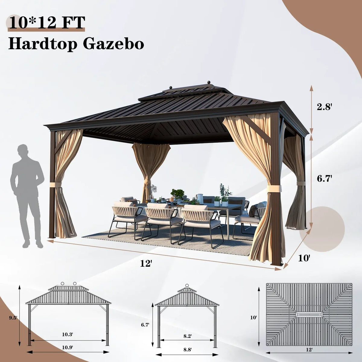 EROMMY 10' x 12' Deluxe Hardtop Gazebo with Galvanized Steel Roof and Mosquito Net, Permanent Pavilion Gazebo with Aluminum Frame