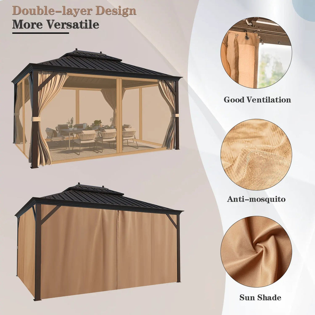 EROMMY 10' x 12' Deluxe Hardtop Gazebo with Galvanized Steel Roof and Mosquito Net, Permanent Pavilion Gazebo with Aluminum Frame