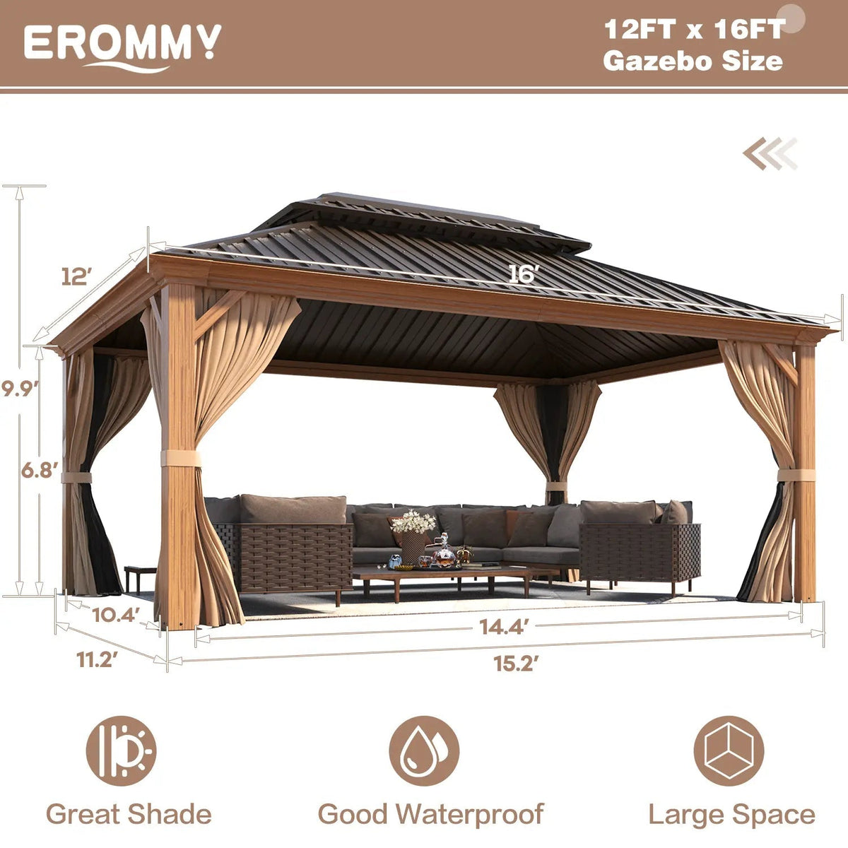 EROMMY 12X16 Hardtop Gazebo with Canopy for Poolside and Outdoor