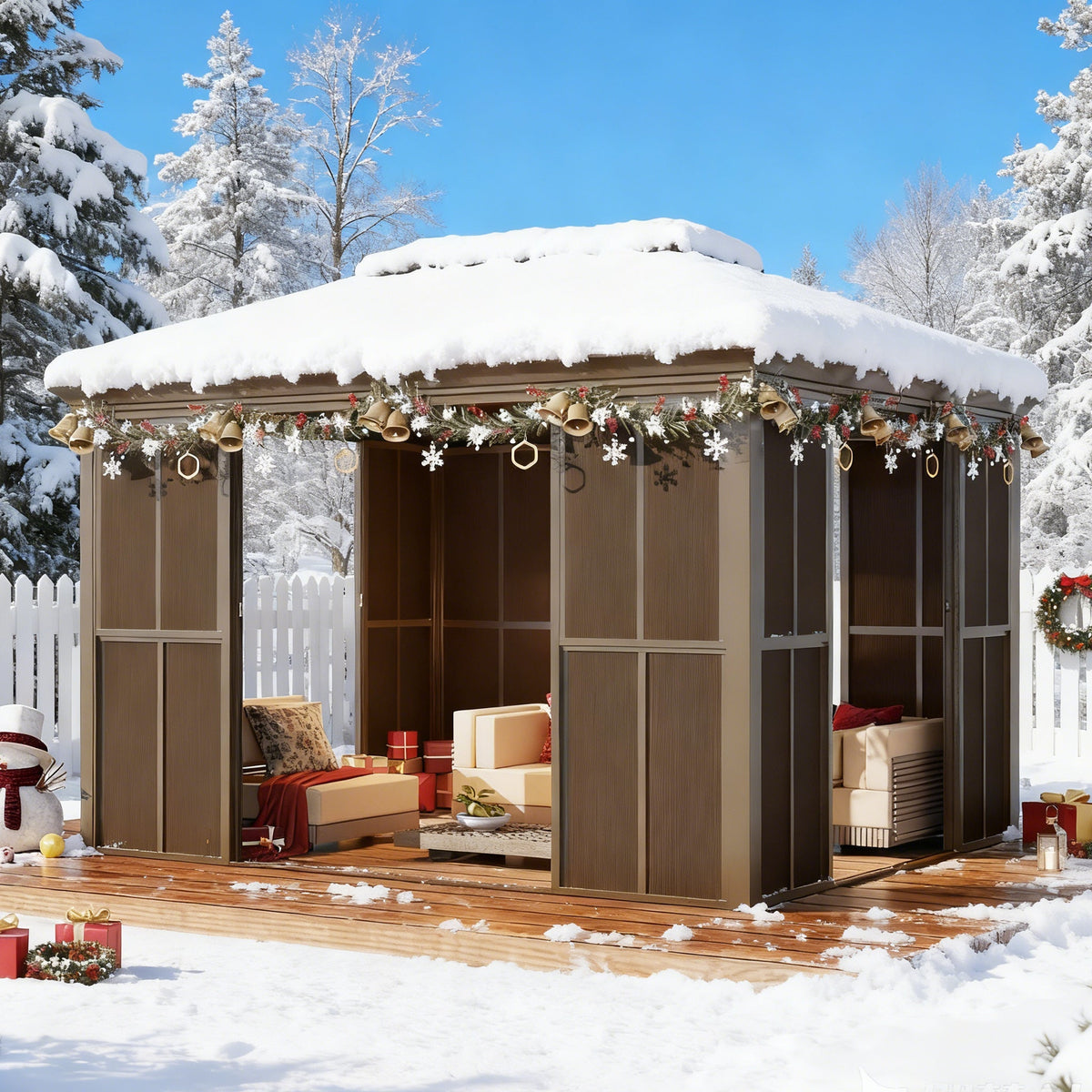 EROMMY 10X12 Florida Sunroom for Backyard Greenhouse with Sliding Door – Brown