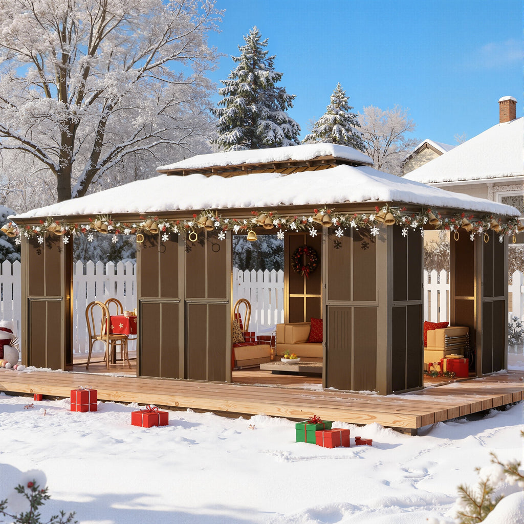 EROMMY 12X20 Enclosed Gazebo for All Season with Sliding Door – Brown