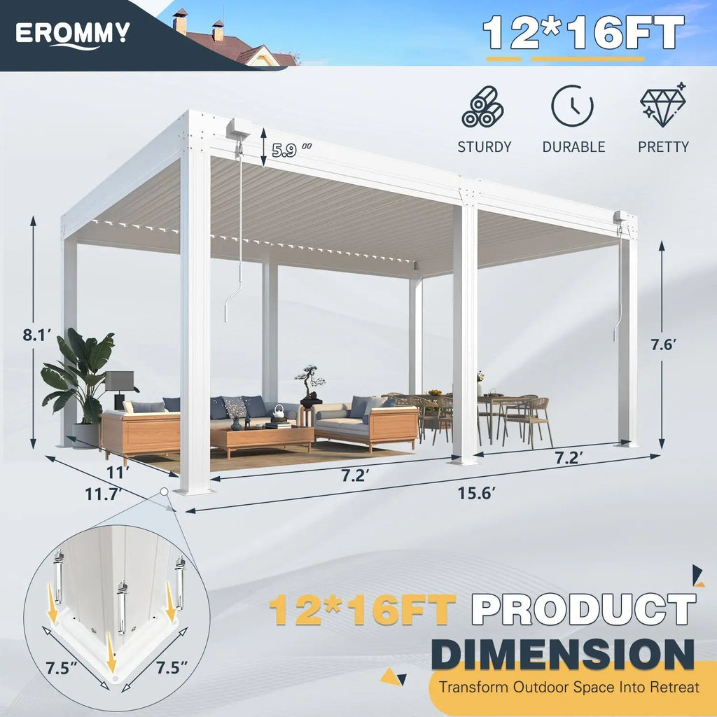 EROMMY 12x16 Aluminum Pergola with Waterproof Roof Panels – White