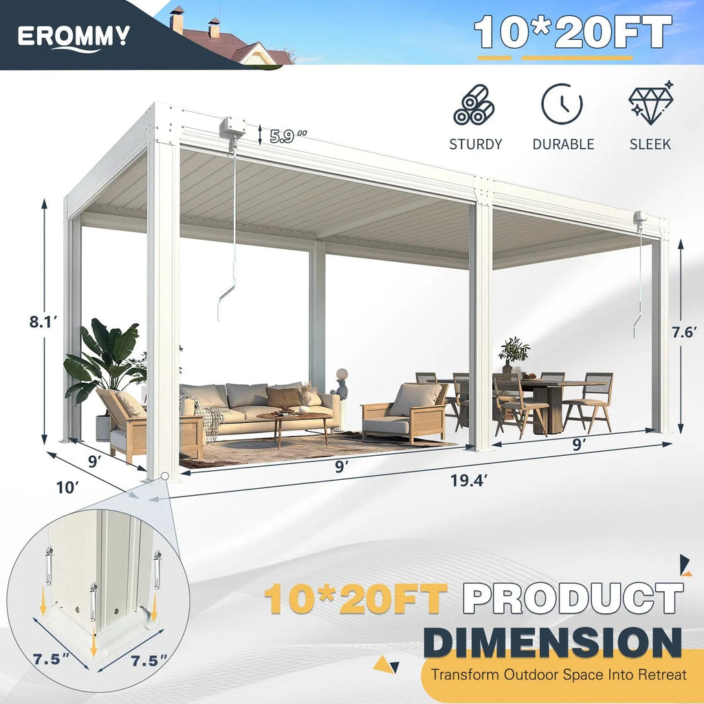 EROMMY 10x20 Aluminum Pergola with Pull-down Sun Shade – White