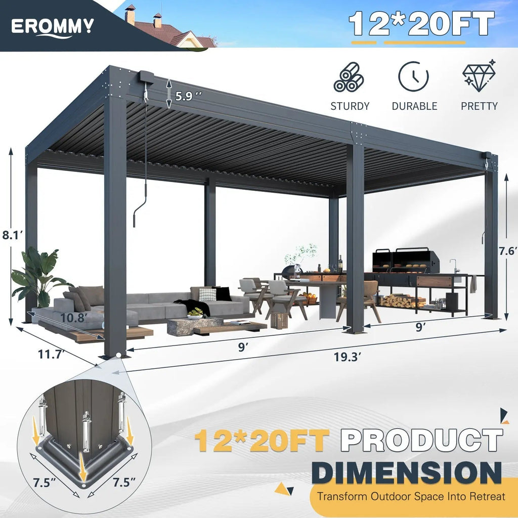 EROMMY 12x20 Large Aluminum Pergola with Louvered Canopy – Grey