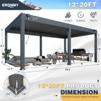 EROMMY 12x20 Large Aluminum Pergola with Louvered Canopy – Grey