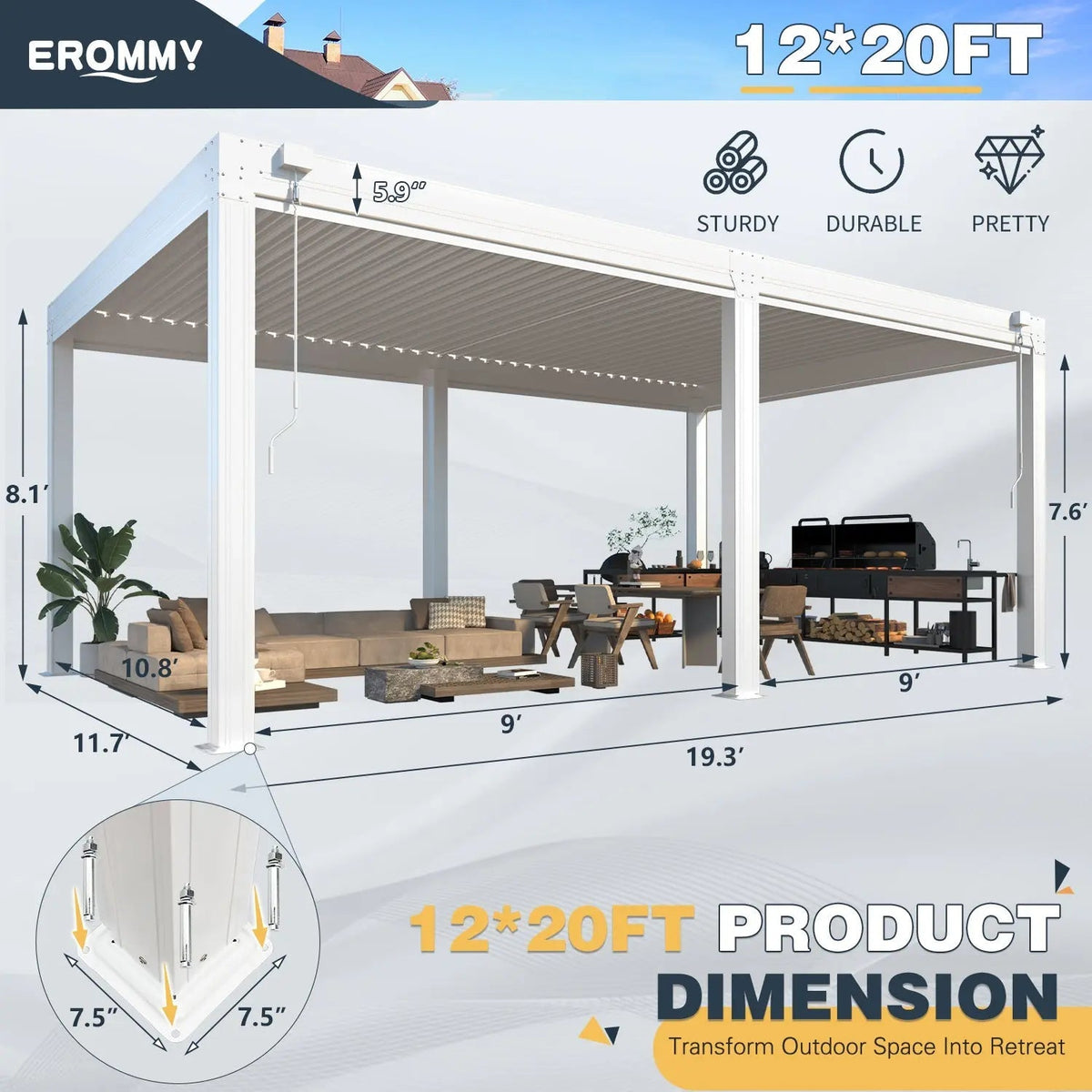 EROMMY 12x20 Large Aluminum Pergola with Louvered Canopy – White