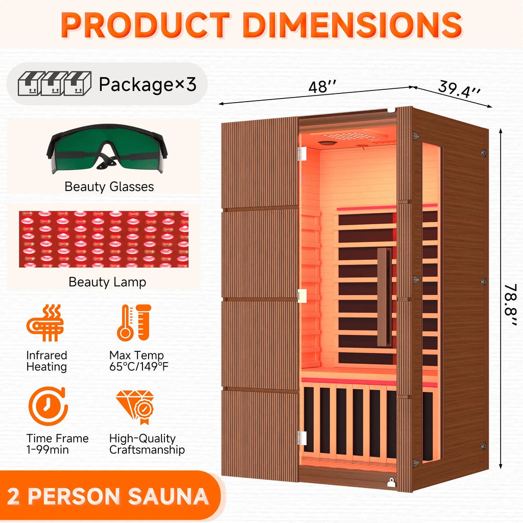 EROMMY 2-Person Indoor Infrared Sauna for Home, Far Infrared Sauna with Red Light Therapy, Chromotherapy Lighting, 6 Carbon Heaters & Bluetooth Speaker, Walnut