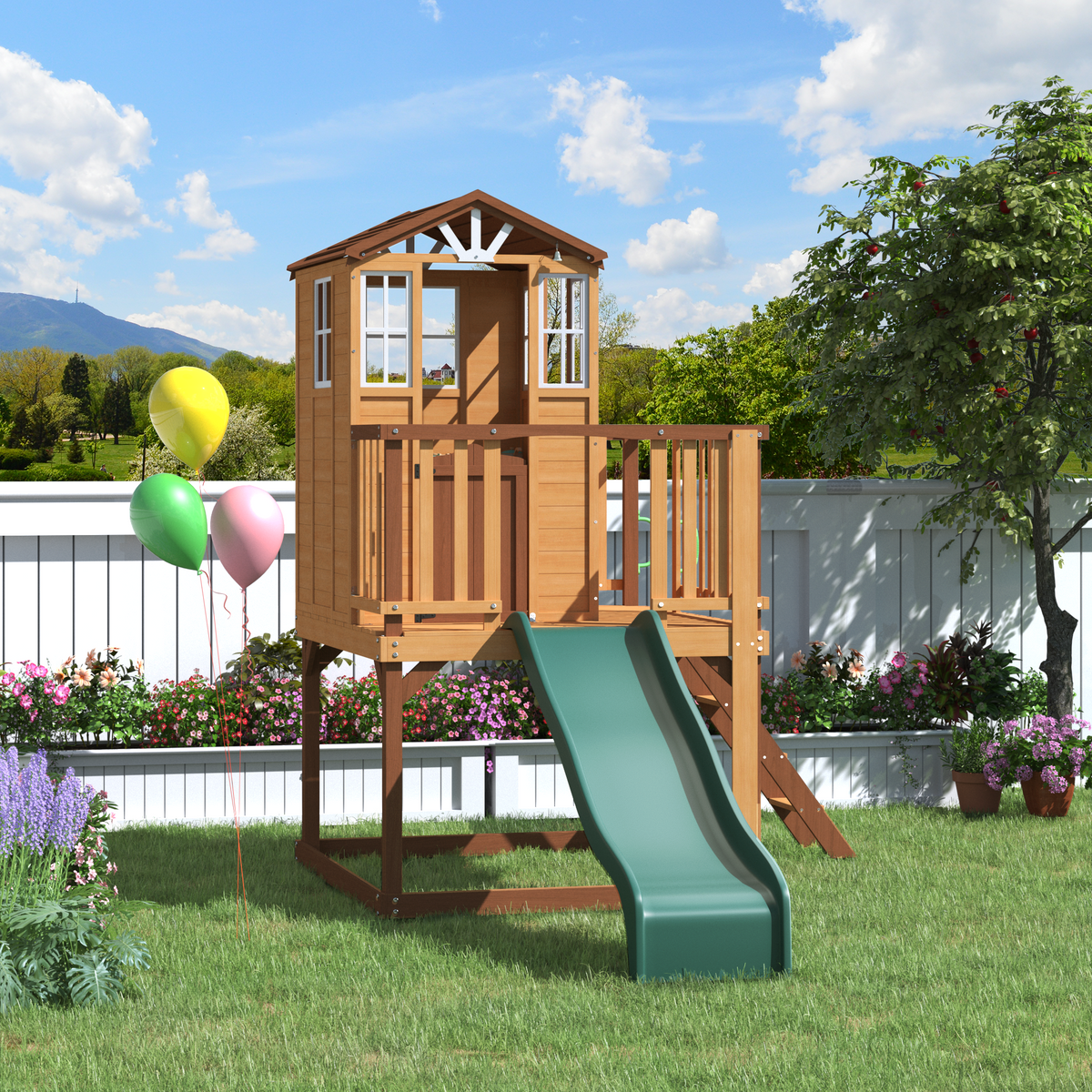 Erommy  Outdoor Wooden Playhouse for Kids - Fir Tree House with Slide, Climbing Ladder & Play Kitchen | Ages 4-8, Wood
