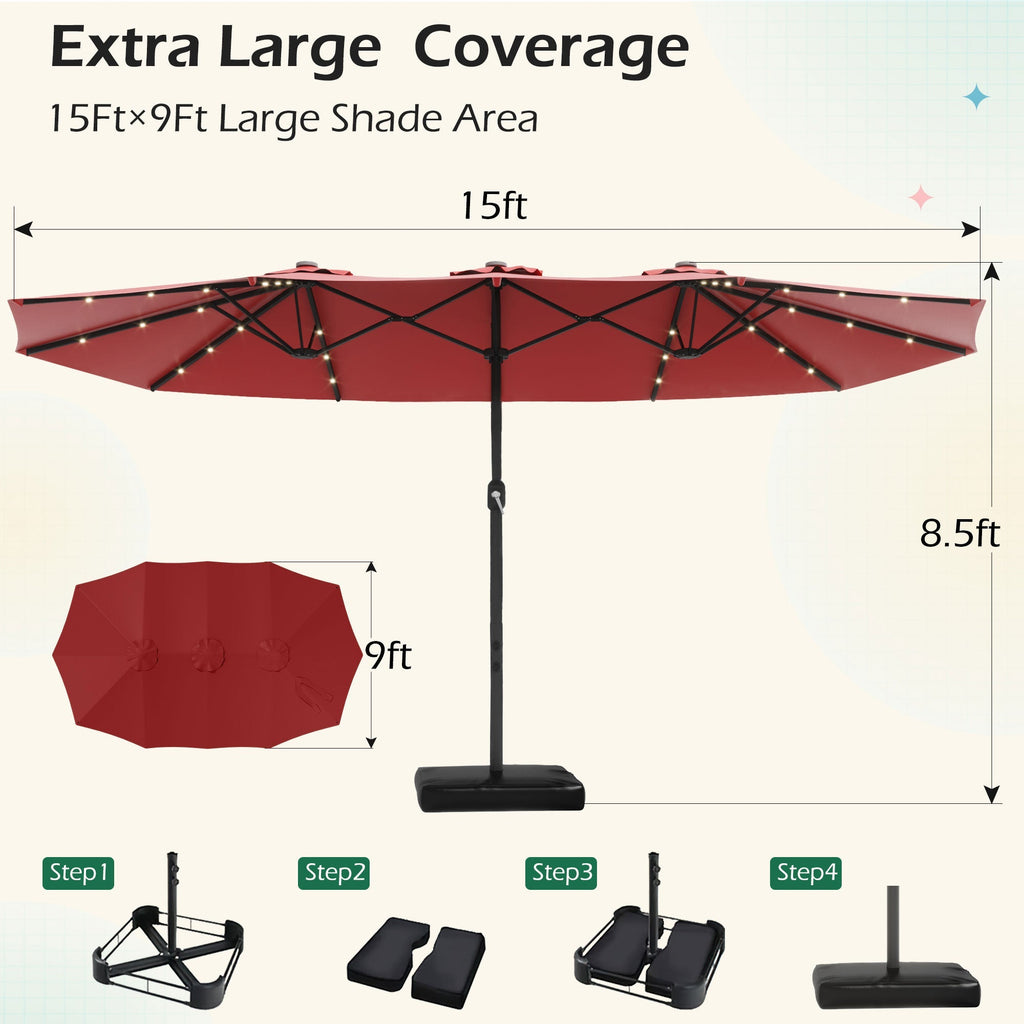 EROMMY 15 X 9 Double-Sided Large Umbrella with Solar LED - Red