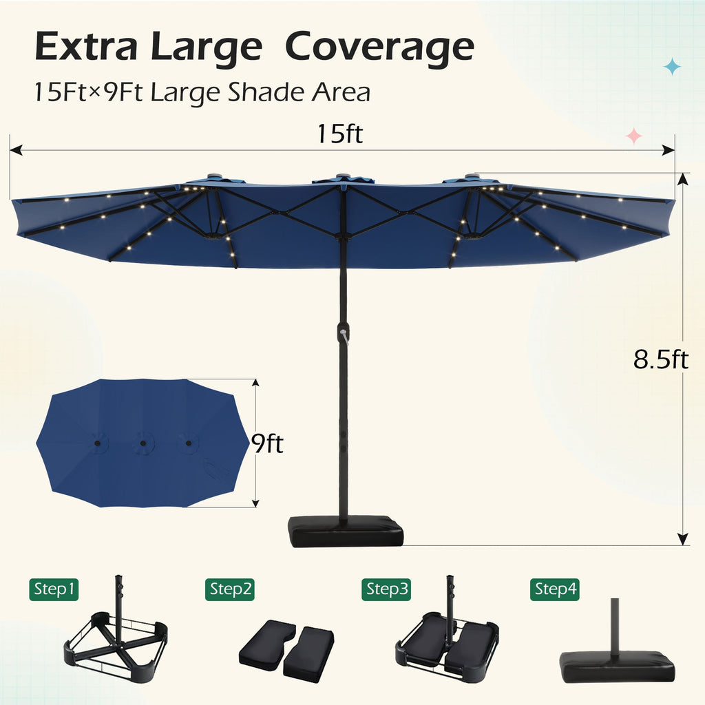 EROMMY 15 × 9 Double-Sided Patio Umbrella with Lights - Navy