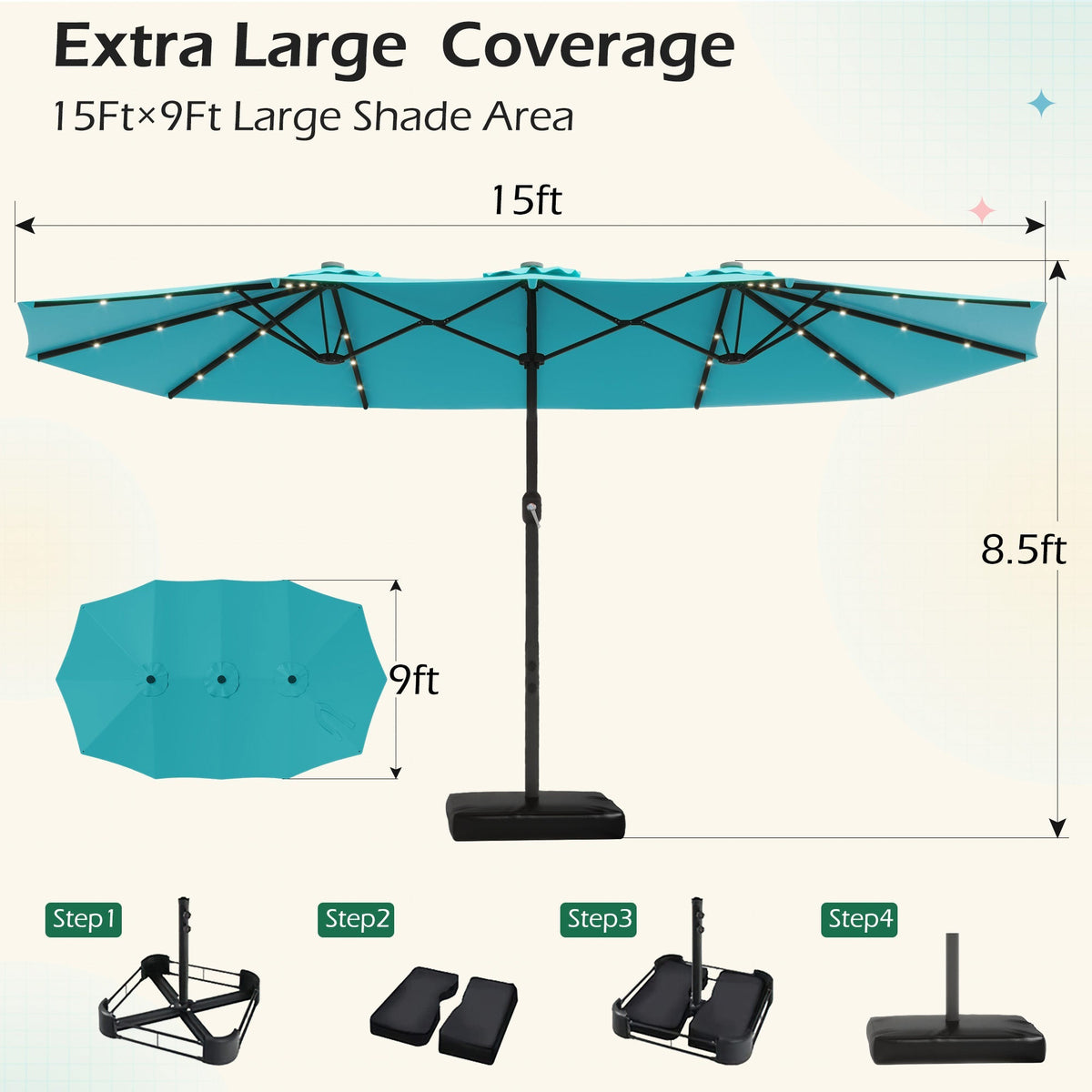 EROMMY 15 X 9 Double-Sided Large Umbrella with Solar LED - Blue