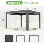 EROMMY 12' x 12' Louvered Pergola with Pull-Down Screens, Aluminum Outdoor Pergola with Retractable Roof for Patios, Decks & Backyards, Black
