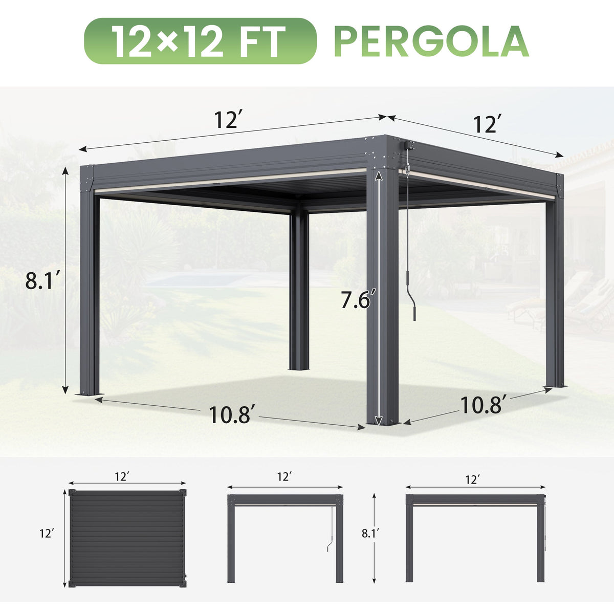 EROMMY 12' x 12' Louvered Pergola with Pull-Down Screens, Aluminum Outdoor Pergola with Retractable Roof for Patios, Decks & Backyards, Black