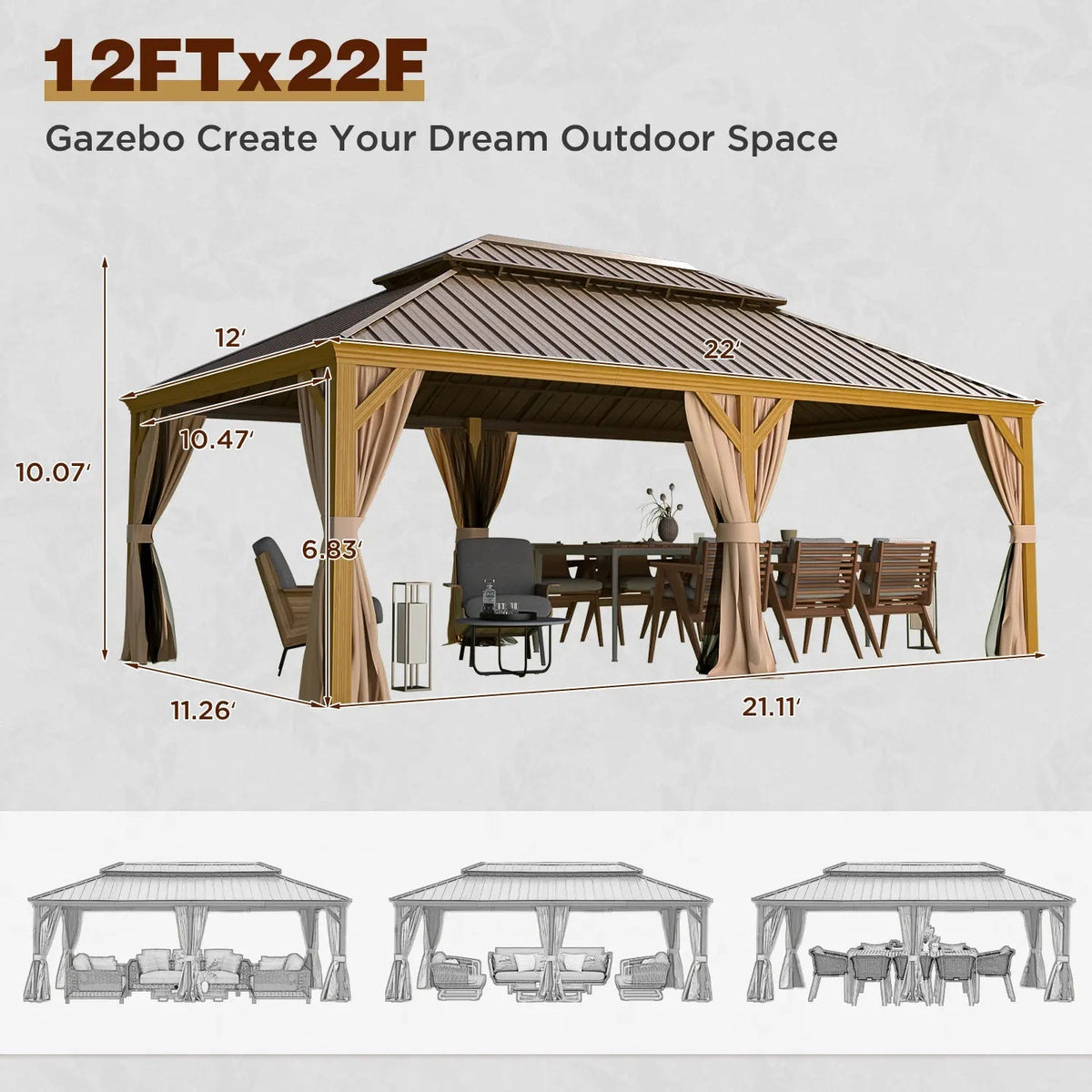 EROMMY 12X22 Hardtop Rectangular Gazebo with Metal Double Roof