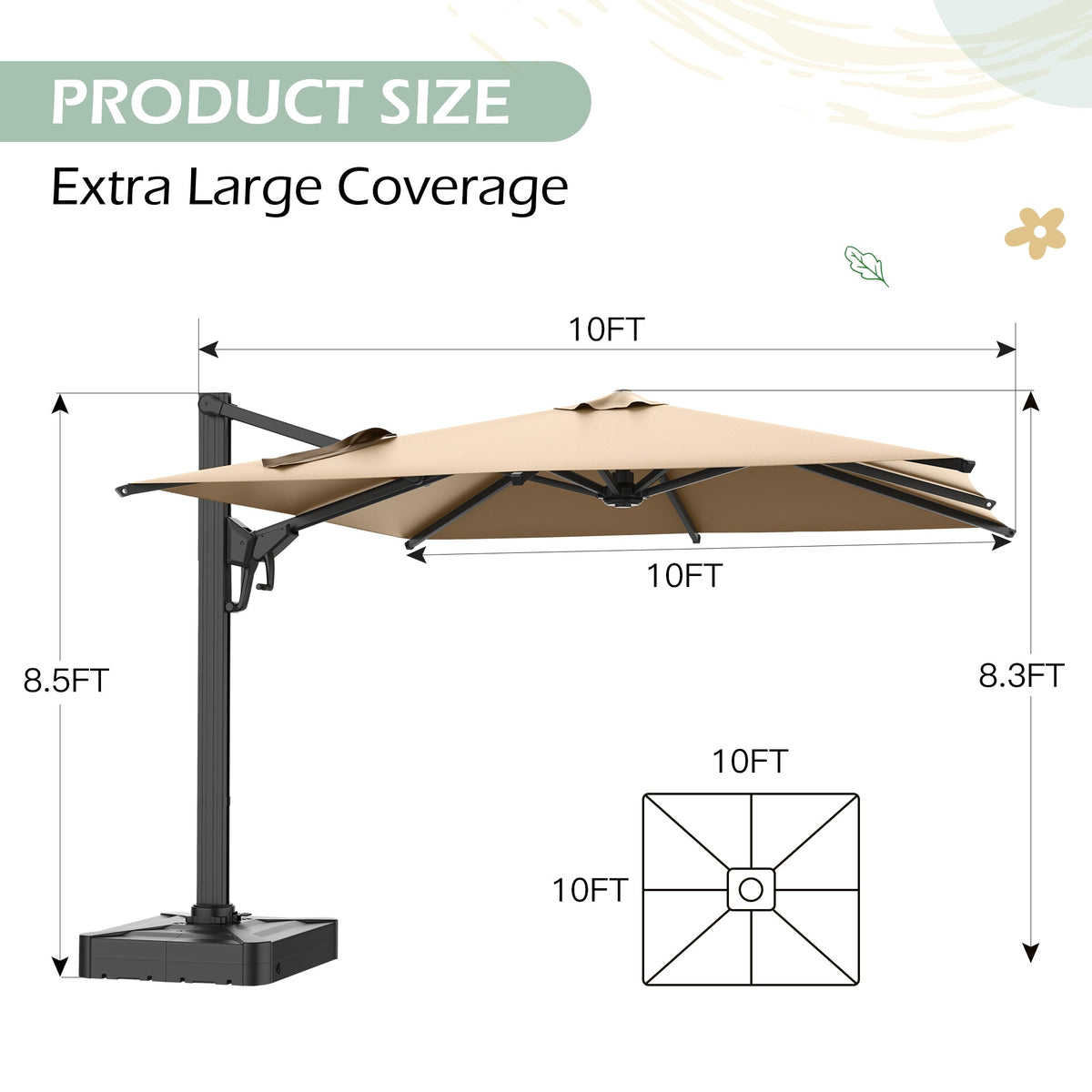 EROMMY 10 x 10 Rectangular Umbrella with Sturdy Frame, Base Excluded - Brown