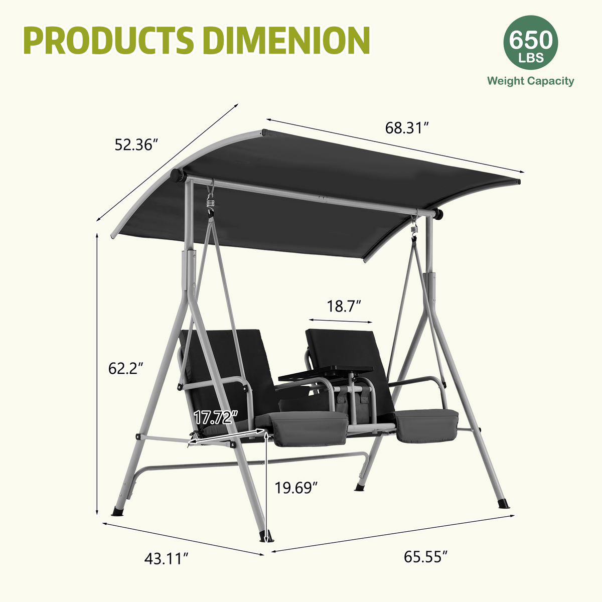 EROMMY 2-Person Outdoor Swing with Canopy, Storage Table, Cooler Bag & Cushions – Black