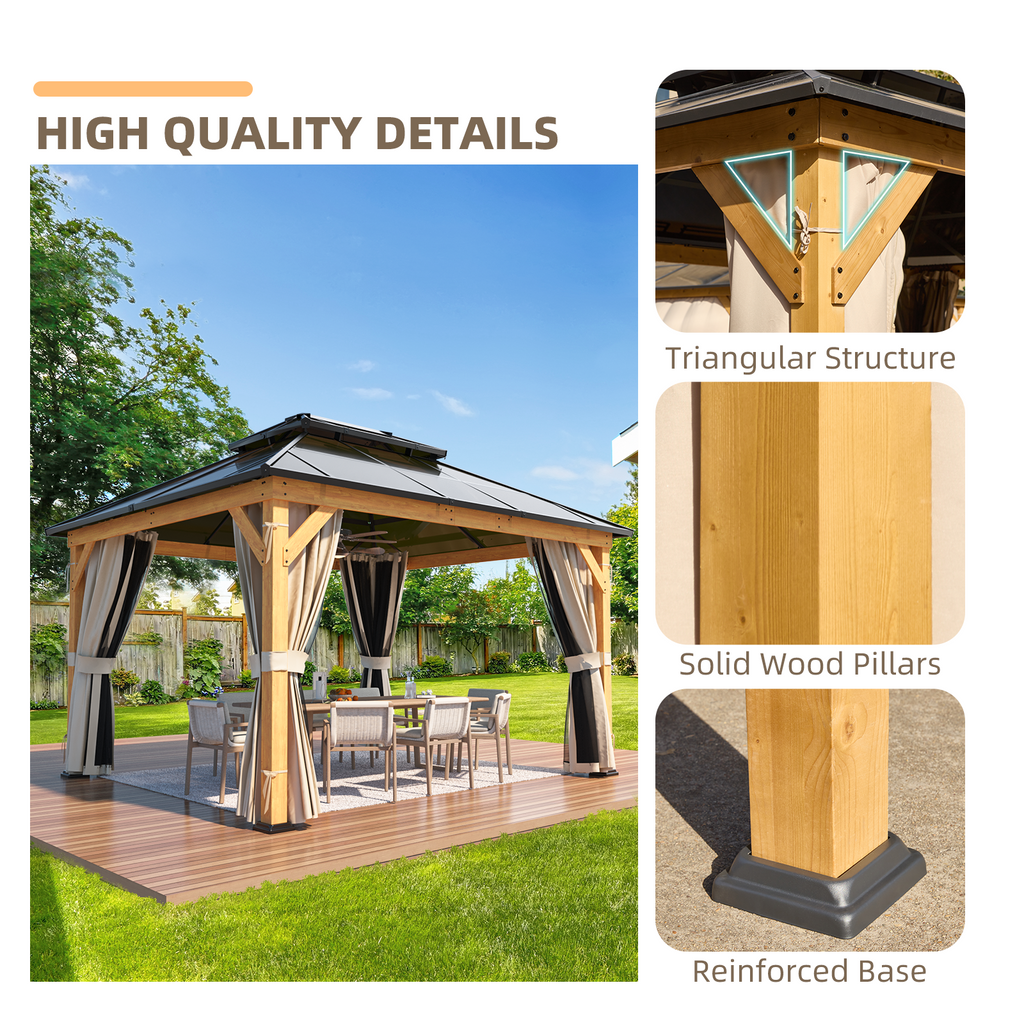 EROMMY 11'x 13' Hardtop Gazebo, Wood Outdoor Gazebo, Polycarbonate Double Roof, Netting and Curtains, Patio Gazebo
