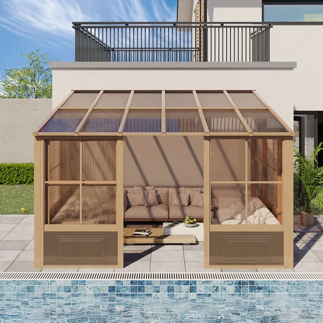 EROMMY 10X12 Wall Mounted Sunroom with Prefab 4-season Design – Brown