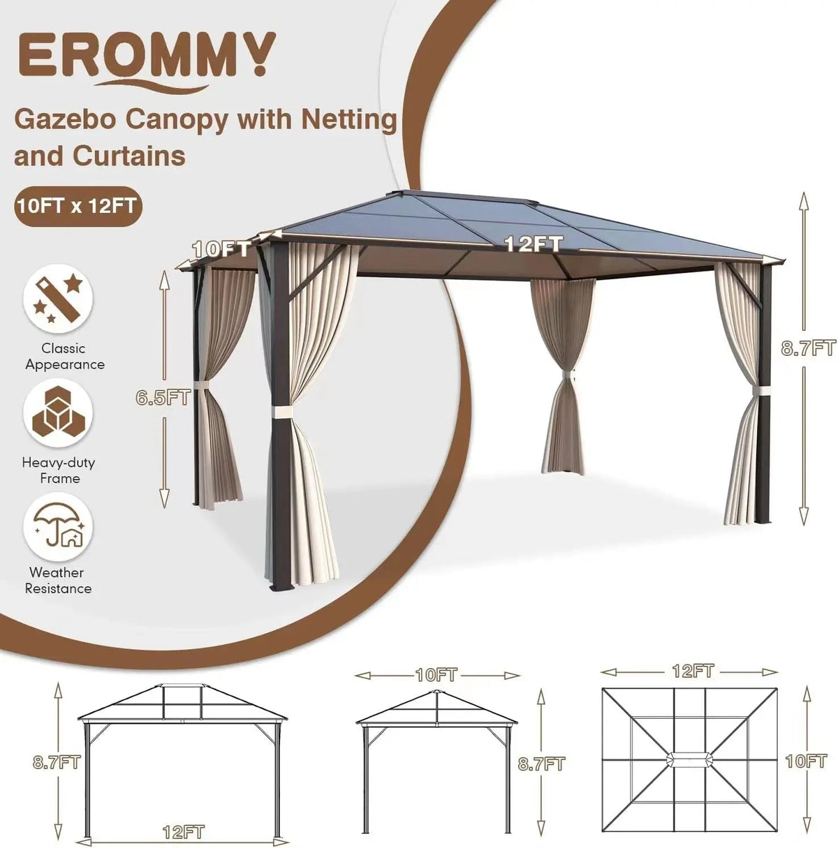 EROMMY 10’ x 12’ Patio Hardtop Gazebo Aluminum Frame Gazebos with Netting & Curtain, Outdoor Polycarbonate Gazebo For Garden, Patio, Lawns