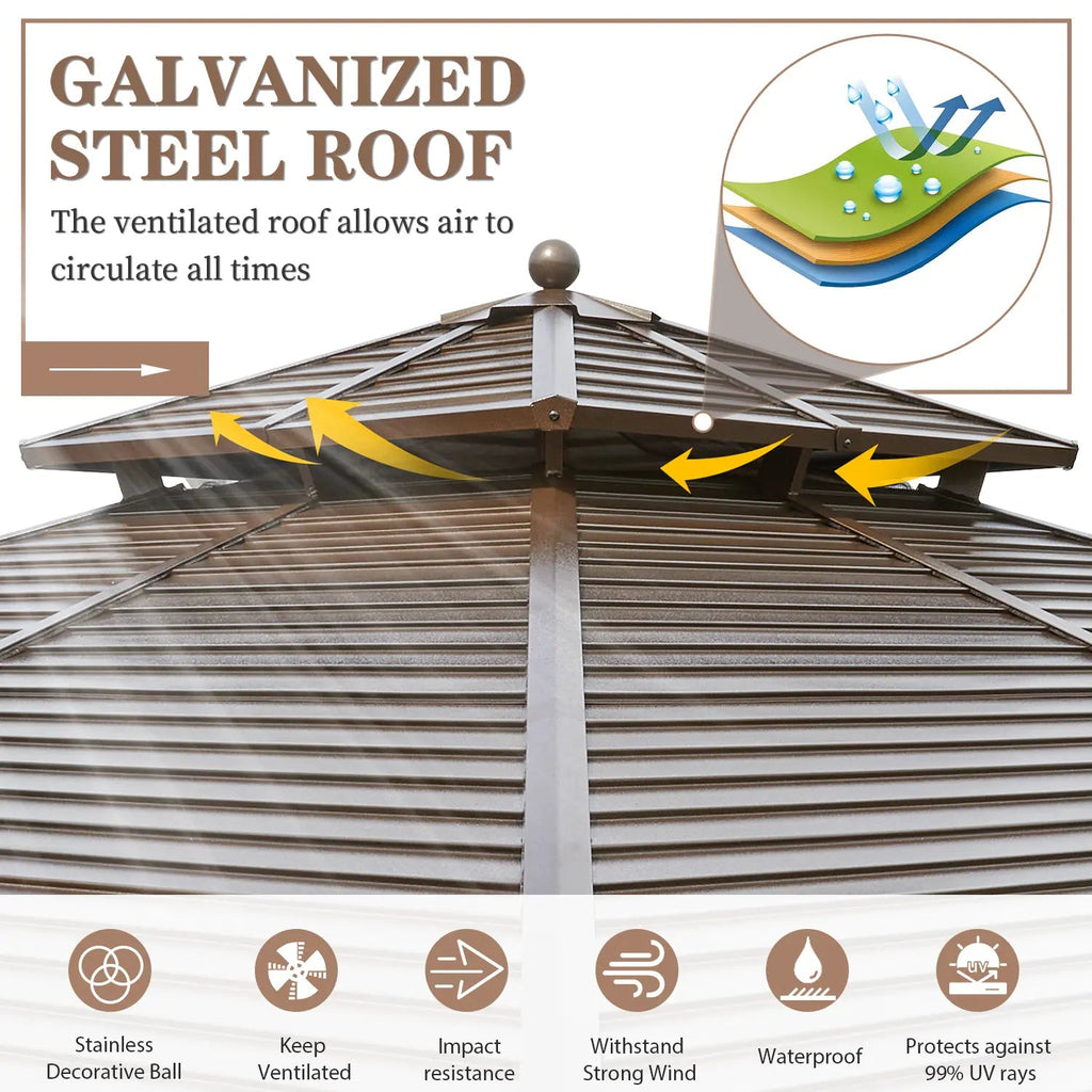 EROMMY 12' x 12' Hardtop Gazebo Canopy Galvanized Steel Pergolas with Netting & Curtains