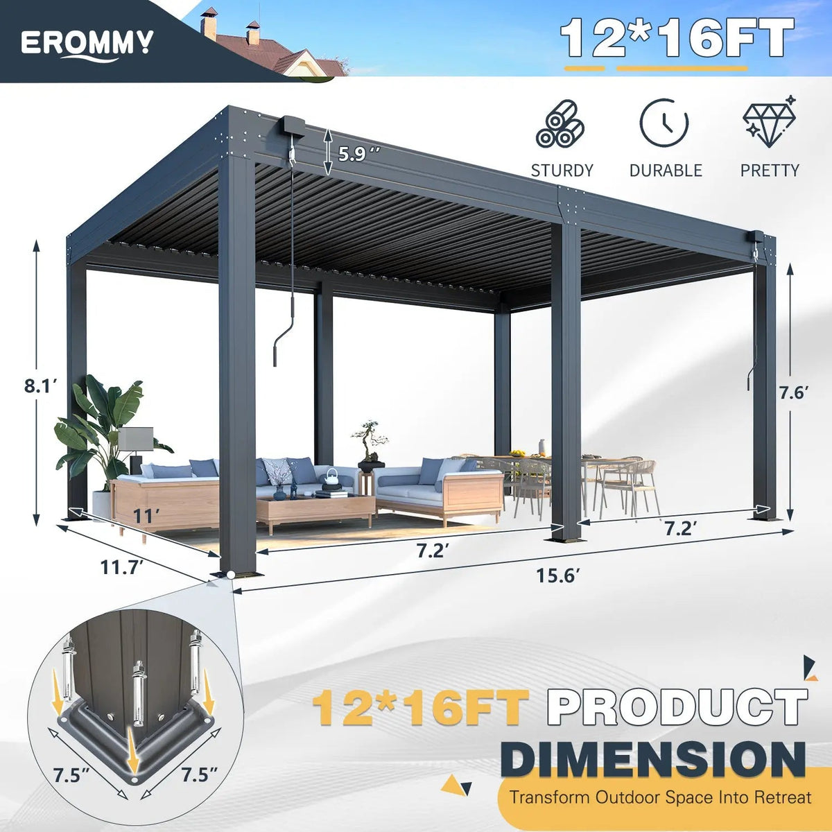 EROMMY 12x16 Pergola with Waterproof Roof Panels – Grey