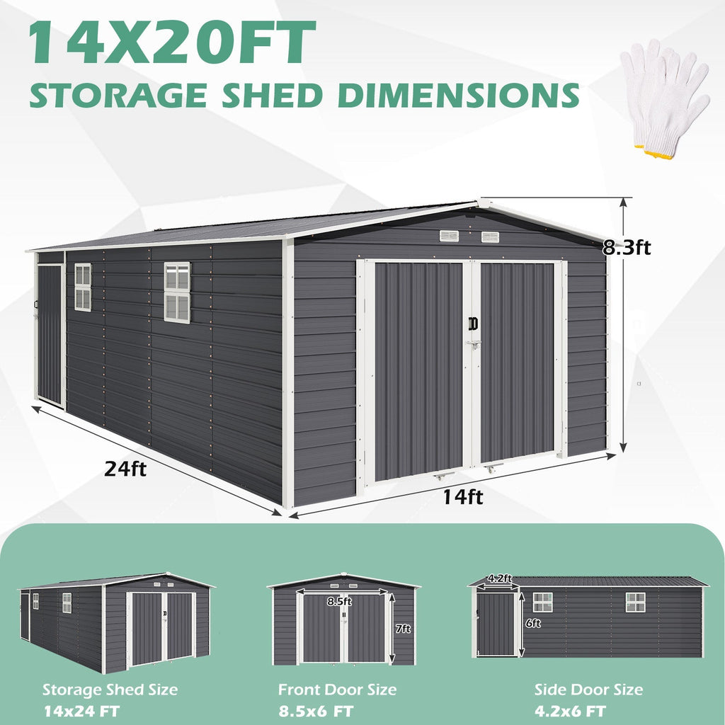 EROMMY 14x24 FT Heavy Duty Carport - Galvanized Steel Frame Car Shelter with Reinforced Base, Enclosed Storage Shed for Cars & Trucks, Grey