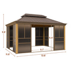 EROMMY 12'*14' Sunroom, with Front Door, Side Entrance, Galvanized Steel Double Top, Wood Grain Appearance, Aluminum Alloy Frame, Solarium Backyard Sun Room