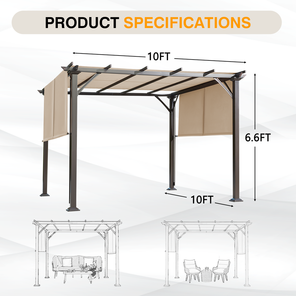 EROMMY 10' x 10' Outdoor Pergola with Sun Shade Canopy, Aluminum Frame, Modern Patio Pavilion Grill Gazebo with Weather-Resistant Fabric, White