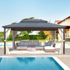 EROMMY 12' x 16' Patio Hardtop Gazebos Canopy Polycarbonate Double-Roof w/ Netting & Curtains