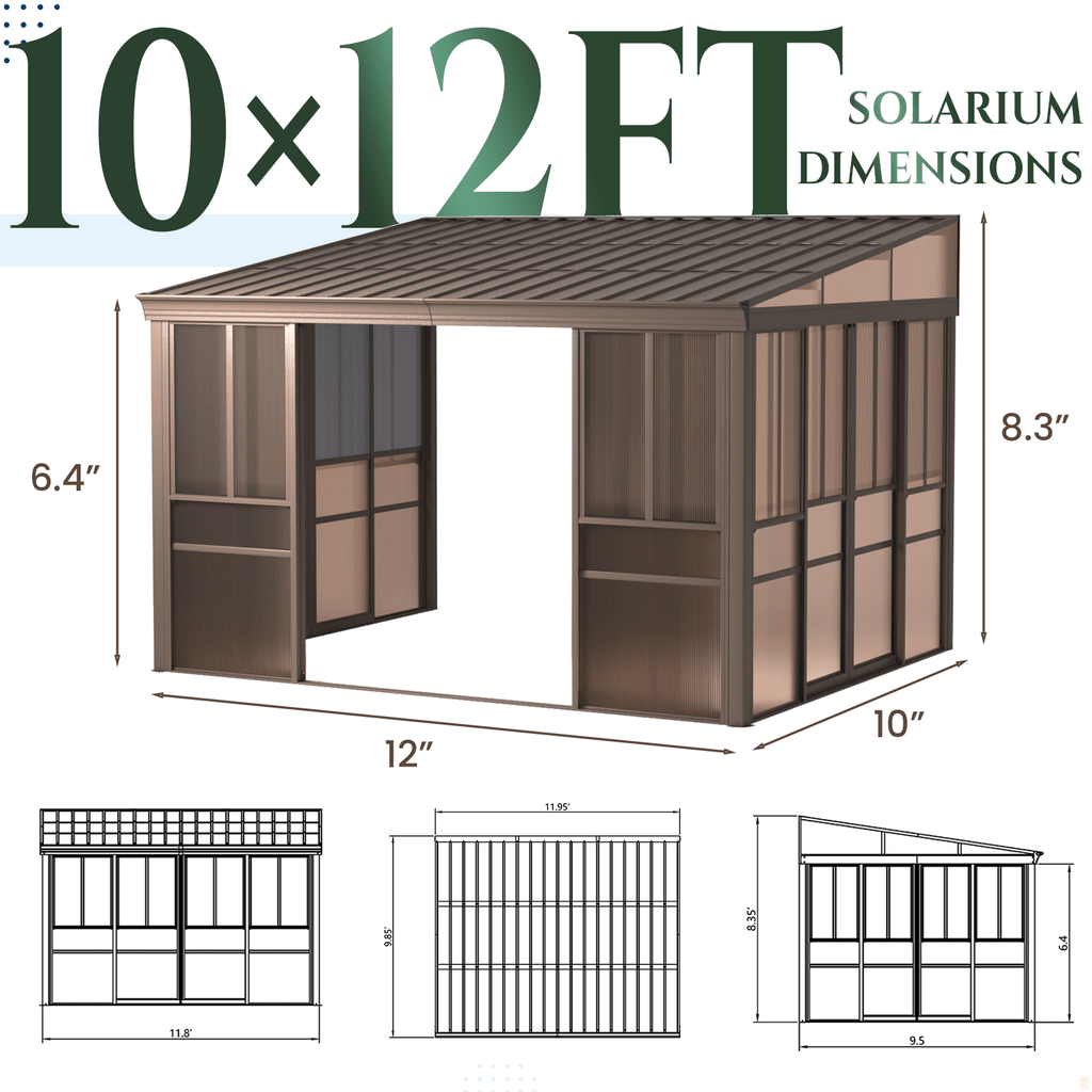 EROMMY 10 x 12FT Wall-Mounted Sunroom with Removable 3-Sided Doors & Aluminum Frame, All-Weather Sun Room with Galvanized Steel Roof, 6mm Thickened PC Screen