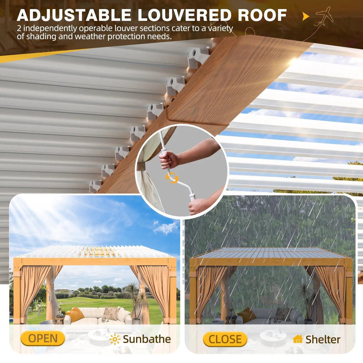 EROMMY 10X10 Pergola with Louvered Adjustable Roof – Wood Grain