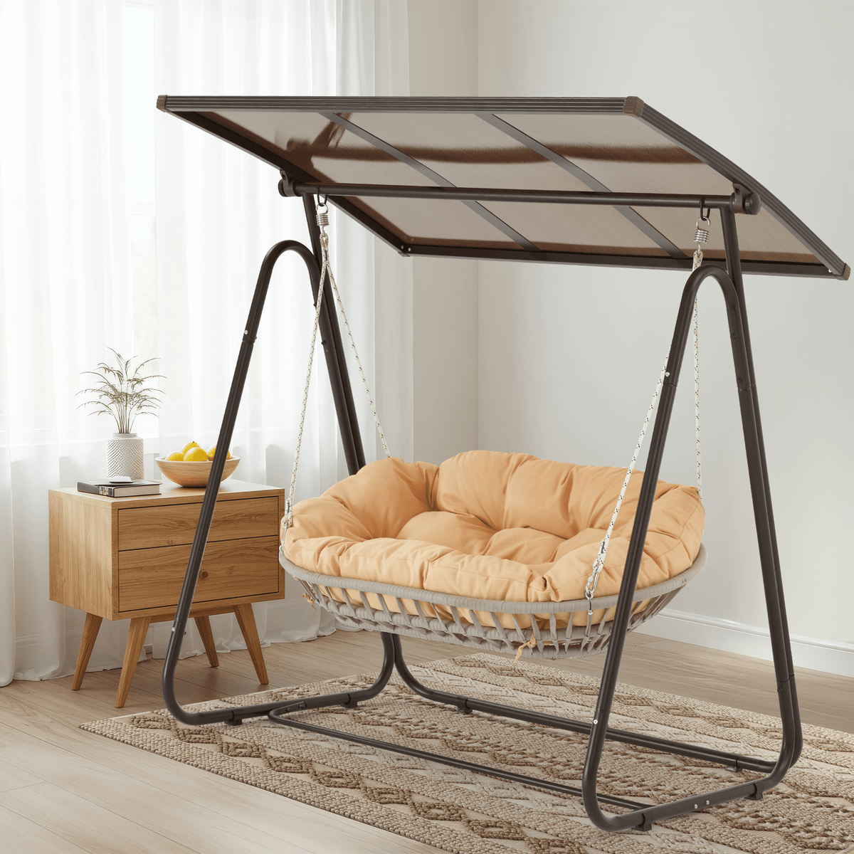 EROMMY 2-Seat Patio Swing Chair with Adjustable Canopy, Beige