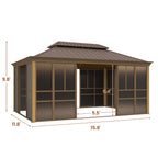 EROMMY 12'*16' Sunroom, with Front Door, Side Entrance, Galvanized Steel Double Top, Wood Grain Appearance, Aluminum Alloy Frame, Solarium Backyard Sun Room